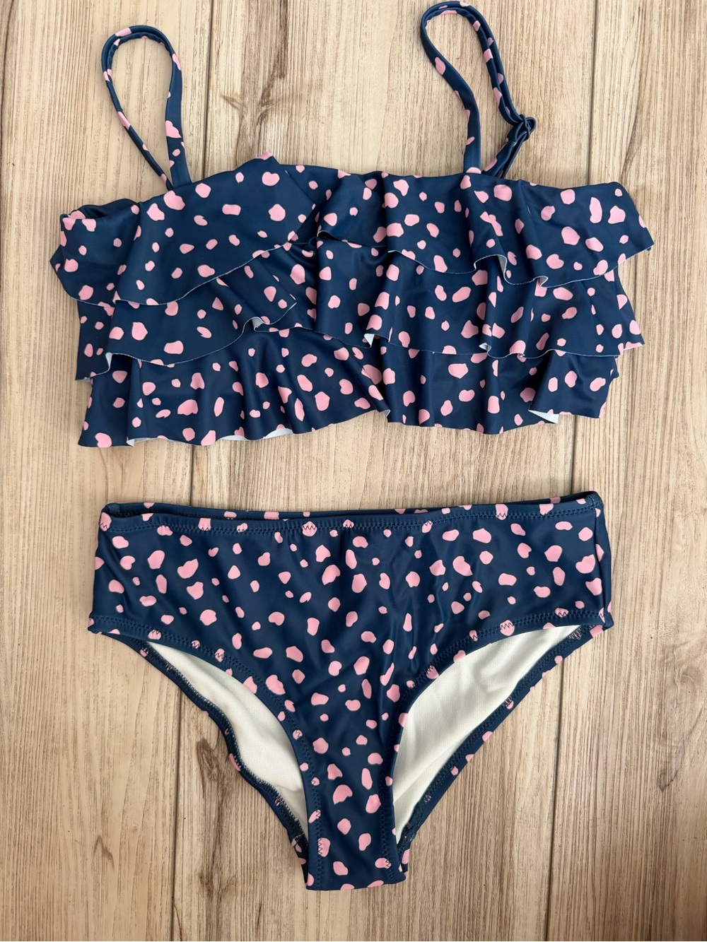 Girls' Navy Ruffle Bikini Set with Pink Dot Print